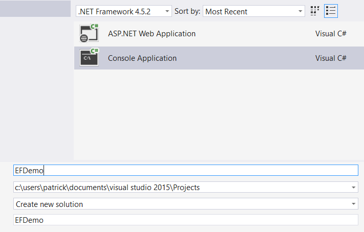 Create A New Project Dialog - Using The Entity Framework