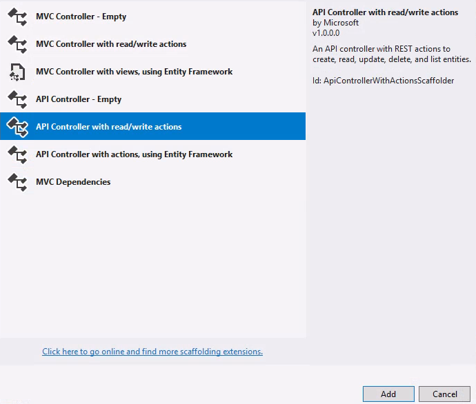 Add API Controller Dialog