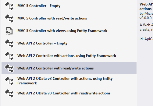 Add New Controller (Read/Write) - Creating A REST Webservice